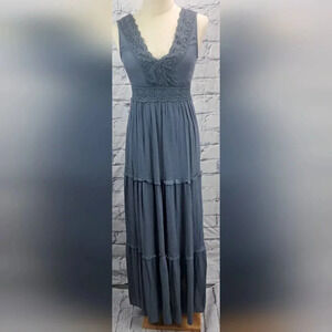 Rebellion Again Ruffled Boho Lace Maxi Dress V-Neck Dark Blue Rayon Y2K Size XS